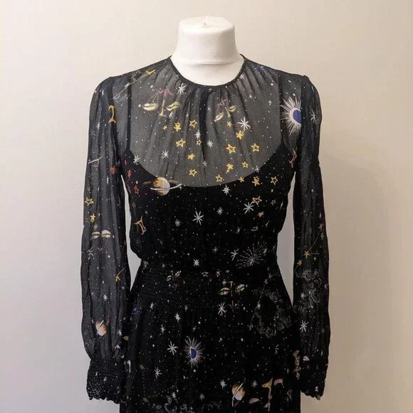 Zara Constalation zodiac galaxy astrology star print chiffon black midi dress - Picture 2 of 8
